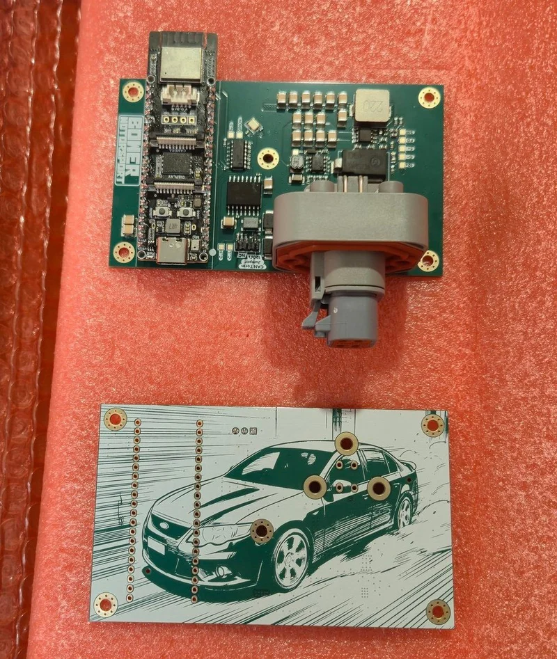 Fully populated OmniCAN V1 prototype PCB showing the Barra silkscreening on the back side of the PCB.